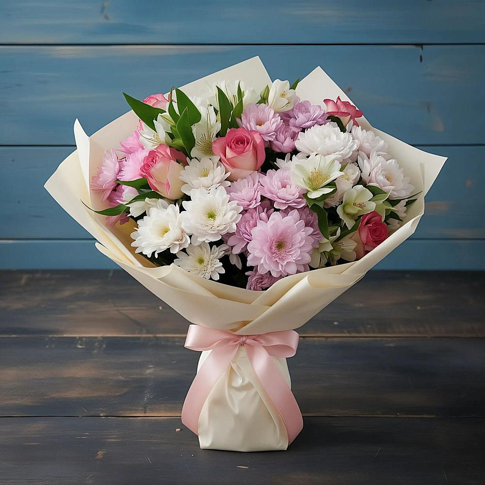 Букет цветов из: Хризантемы, Альстромерии и Розы в Адыгейске